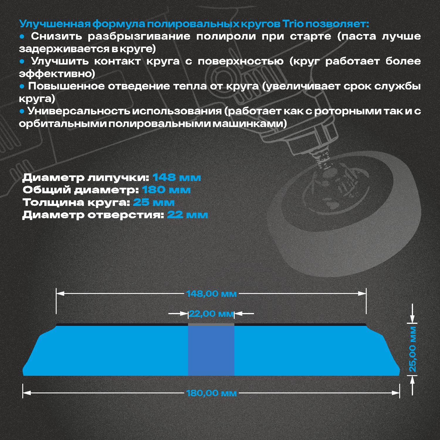 круг полировальный поролоновый 180x25мм trio medium cut полужесткий синий h7
