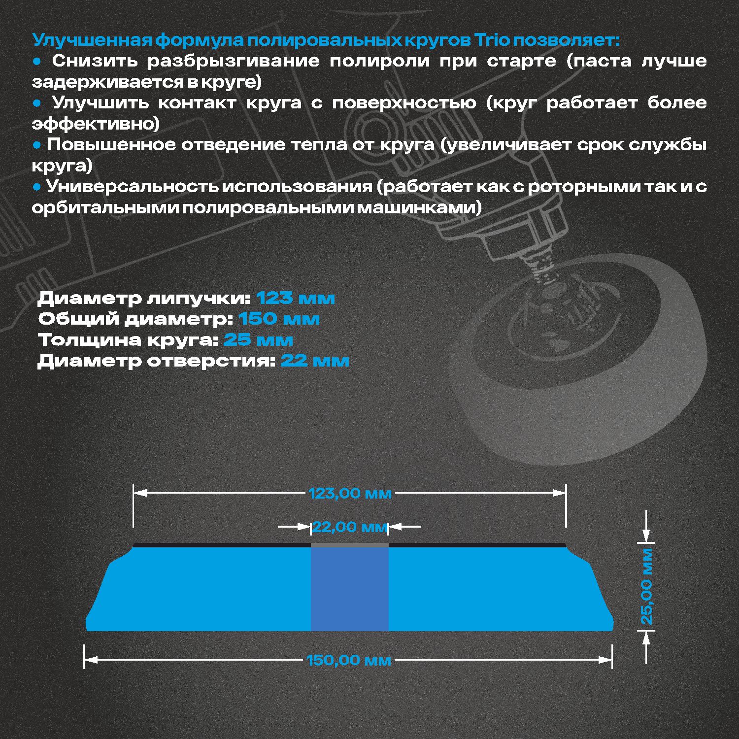 круг полировальный поролоновый 150x25мм trio medium cut полужесткий синий h7