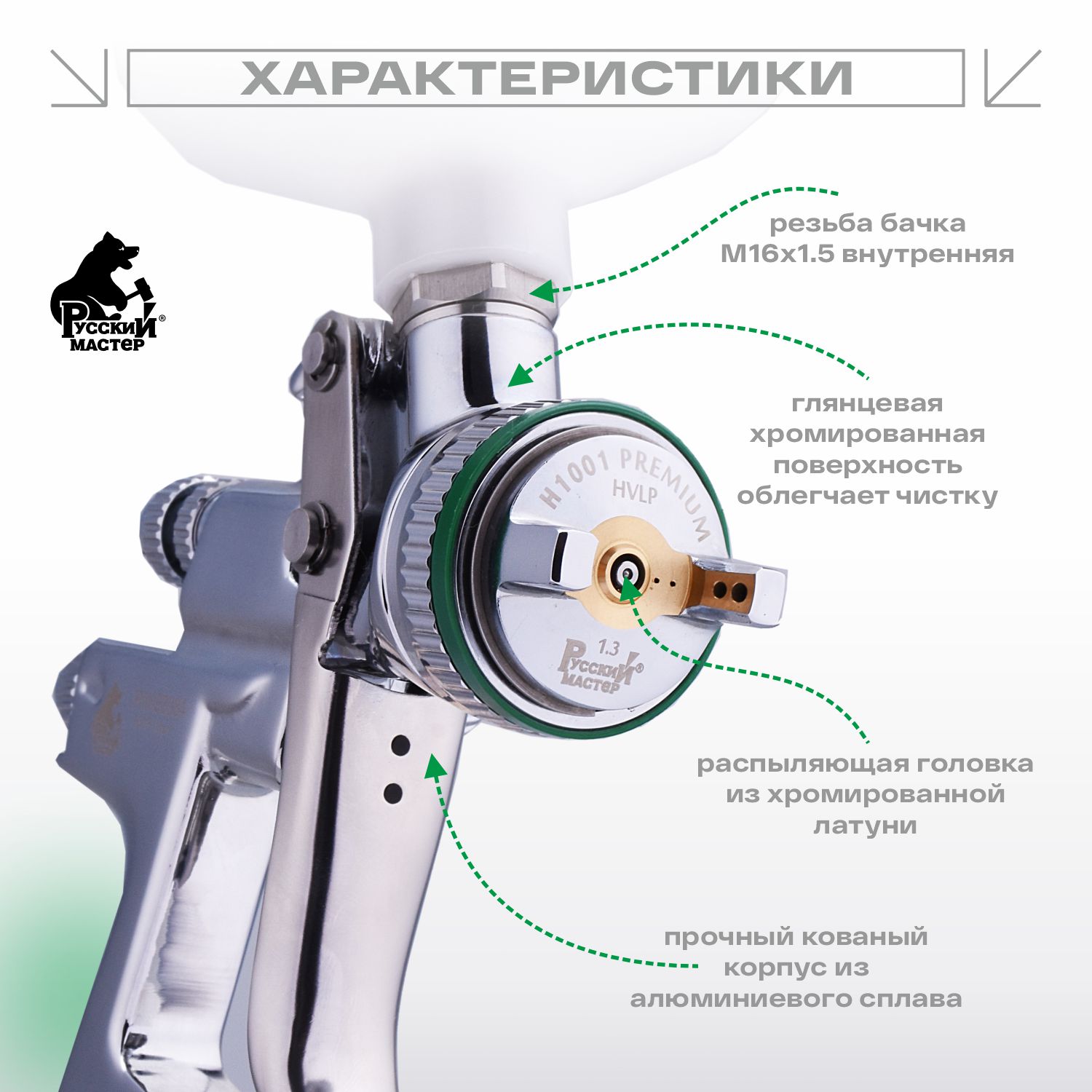 краскопульт h 1001 premium hvlp 1.3мм русский мастер