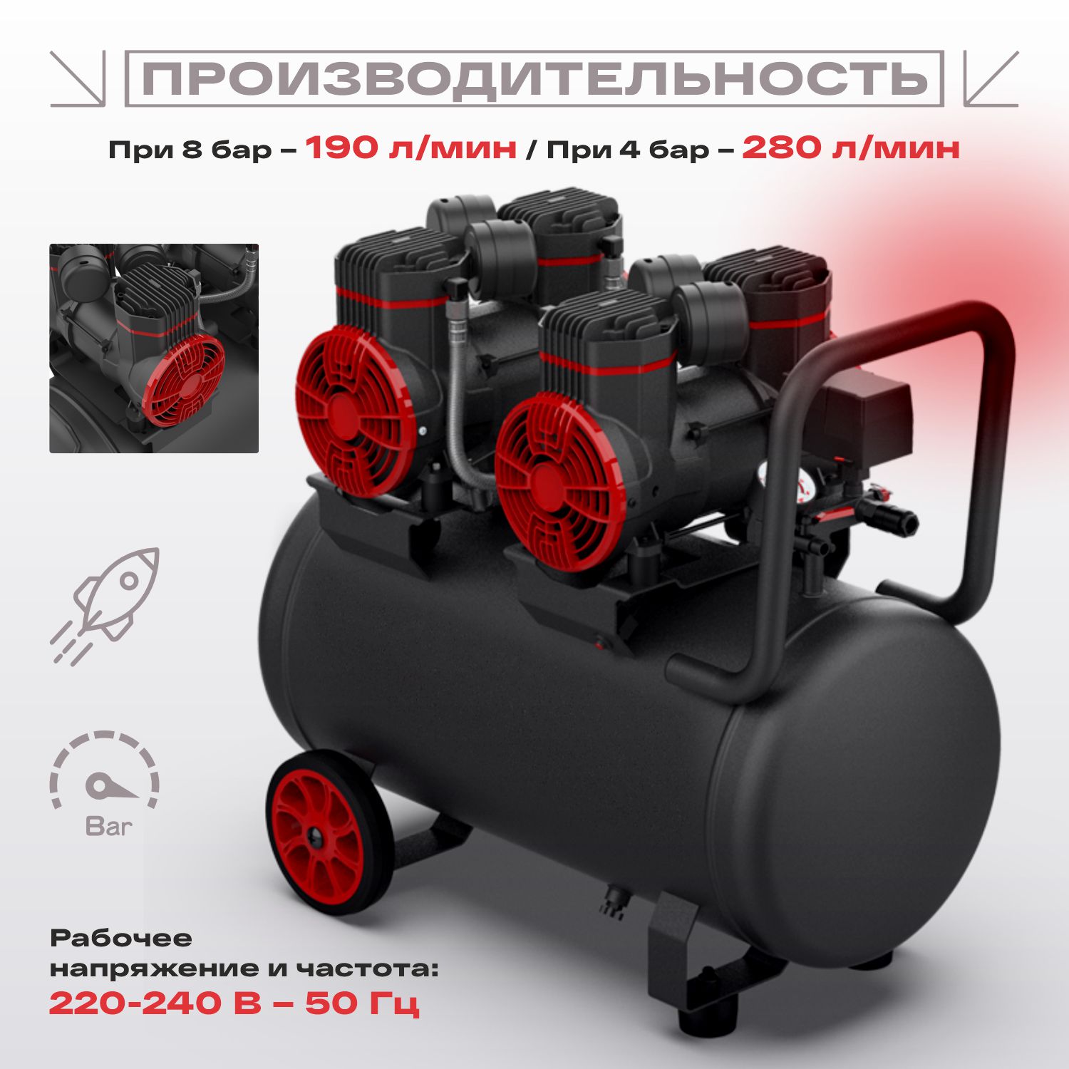компрессор безмасляный 2-1450x2f50 220 вт русский мастер